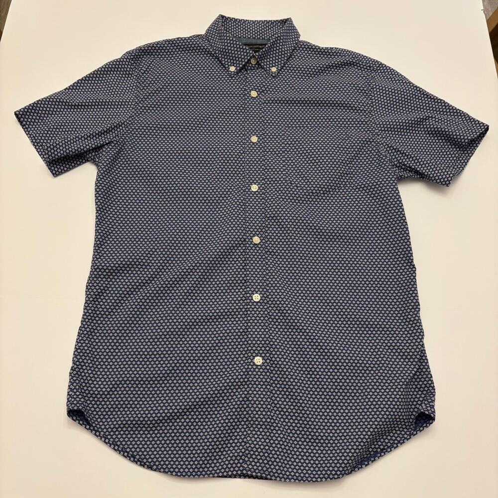 Banana Republic Mens M Slim Fit Short Sleeve Button Down Blue Print Cotton